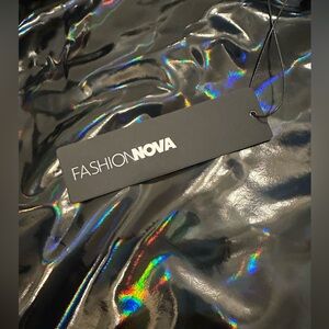 NWT Fashion Nova Patent Leather PU Vinyl Black Holographic Jumpsuit